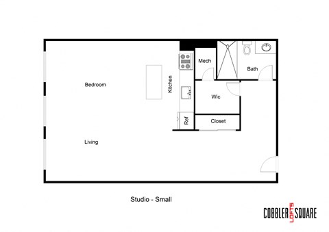a floor plan of a studio apartment with a bedroom and a living room